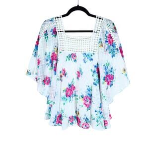 Meadow Rue Womens White Floral Boho Peasant  XS Blouse Crochet Lace Square Top